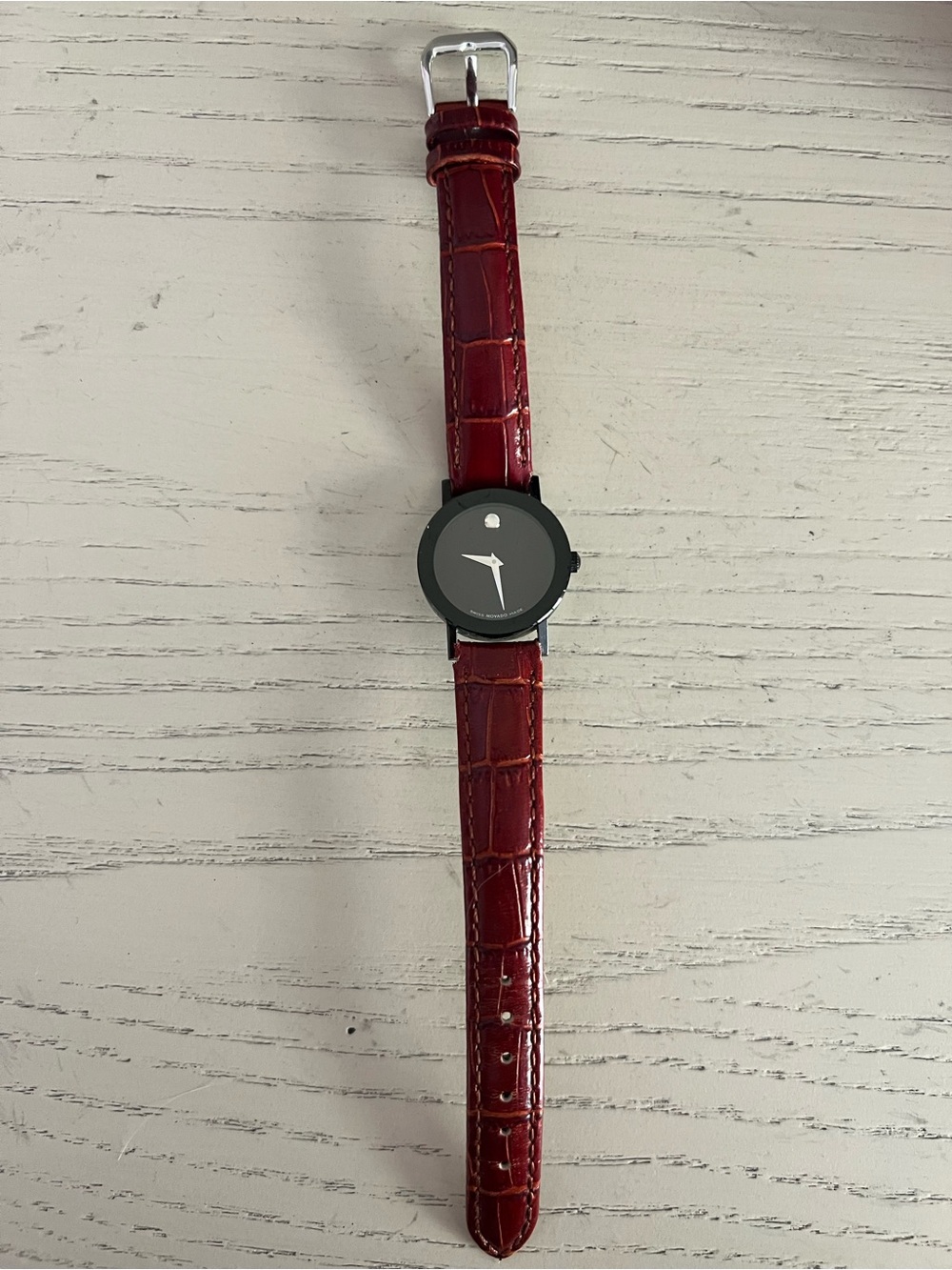 Movado Women's Watch with Red Croc-Pattern Leather Strap and Black Dial